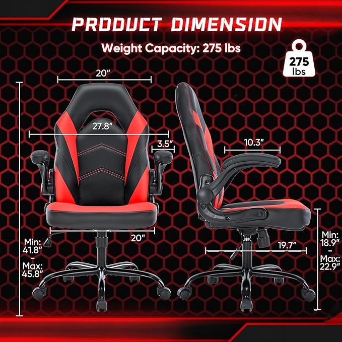 NEWBULIG Computer Gaming Desk Chair - Big Tall Ergonomic Lumbar Support with Flip-up Armrest and 360° Swivel Wheels, PU Leather Height Adjustable, for Home and Office, Red