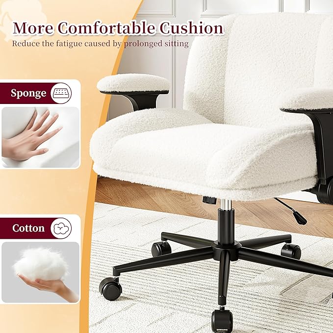 Criss Cross Chair with Wheels,Wide Cross Legged Office Chair with Flip-Up Arms,White Vanity Chair with Extra-Deep Seat Thickened for Home Office,Vanity, Apartment Dorms,Plush Cushion,Comfy