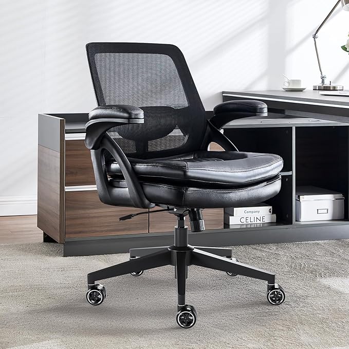 Big and Tall Office Chair, 500lbs Mesh Heavy Duty Ergonomic Desk Chair with Flip-up Armrests, Plus Size Wide Seat in PU Leather, 360 Swivel Computer Executive Task Chair for Home Office (Black)