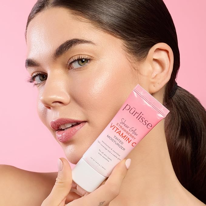 pūrlisse Sheer Glow Strawberry Vitamin C Tinted Moisturizer - Skin Tint Moisturizer Enriched with Antioxidants to Even Complexion - Dewy Light Coverage for All Skin Types - Deep (1.4 oz)