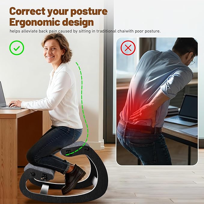 Ergonomic Kneeling Chair with Wooden Frame - Adjustable Height Office Chair with Soft Padding for Back Pain Relief, Posture Correcting Home & Office Desk Chair Black