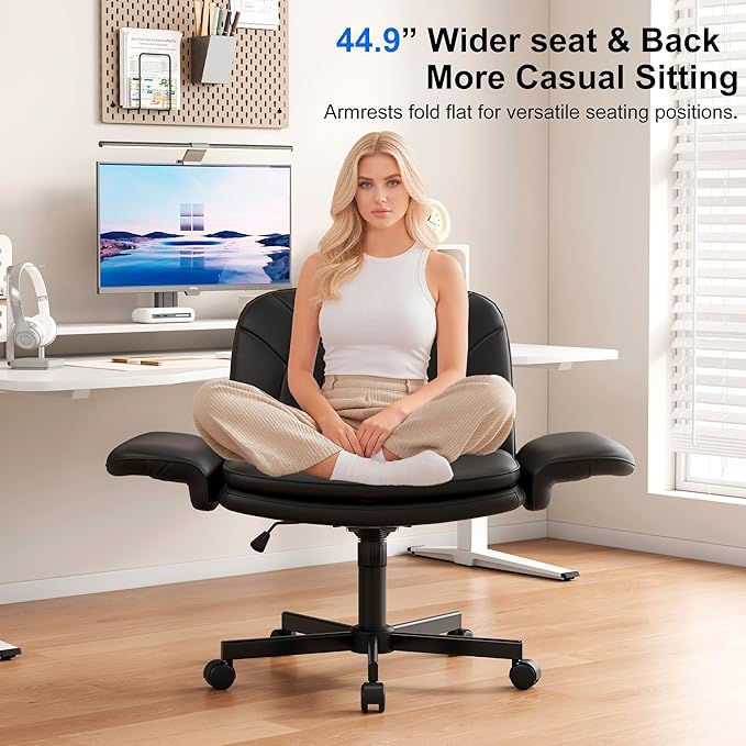Misolant Criss Cross Chair with Armrests & Wheels for Cross-Legged Sitting, Comfortable PU Leather Vanity Chair, Office Desk Chairs with Adjustable Rocking Function, for Home, Bedroom Black