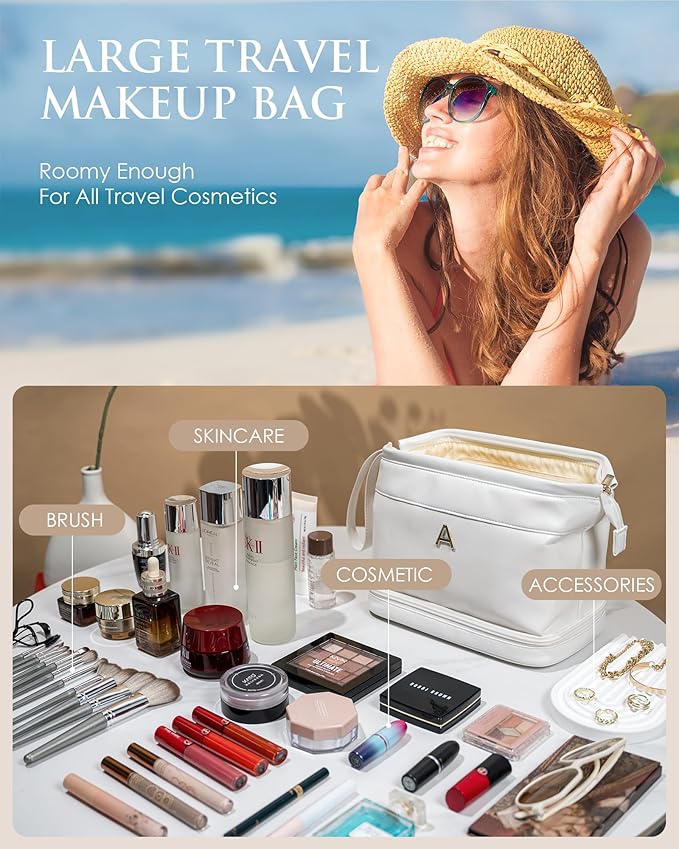 Gifts for Women-Birthday Gifts-Teen Girl Gifts Trendy Stuff Initial Makeup Bag for Women, Double Layer Cosmetic Bag with Makeup Brush Organizer, Travel Toiletry Bag,Bride Gift