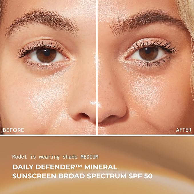Daily Defender Broad Spectrum SPF 50 Mineral Sunscreen with Hyaluronic Acid, Vitamin C & Niacinamide (as Vitamin B3), Lightweight UVA & UVB Protection, Skin Care, Medium