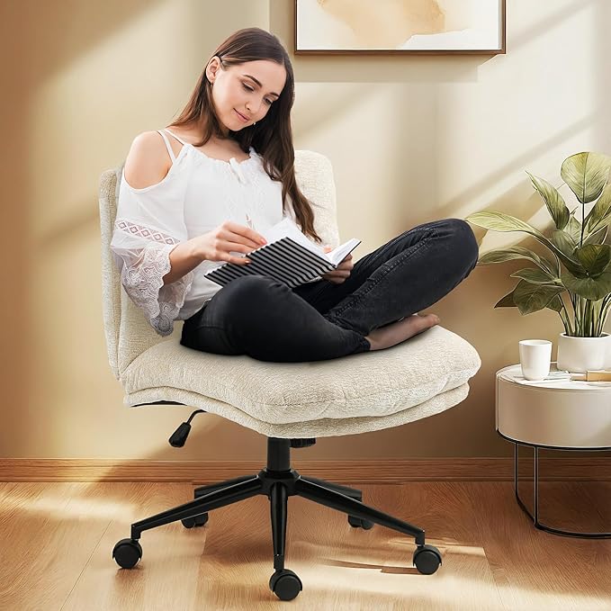Dowinx Criss Cross Chair with Wheels, Dual-Layer Thickened Cushion, Premium Fabric Morden Home Vanity Chair Wide Seat, Ivory Beige