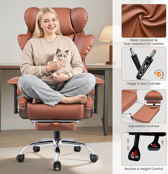 Big and Tall Office Chair for Heavy People - 400 LBS Capacity Executive Chair with High Back & Footrest, Ergonomic Wide Padded Leather Seat Computer Gaming Chair, Terracotta Brown