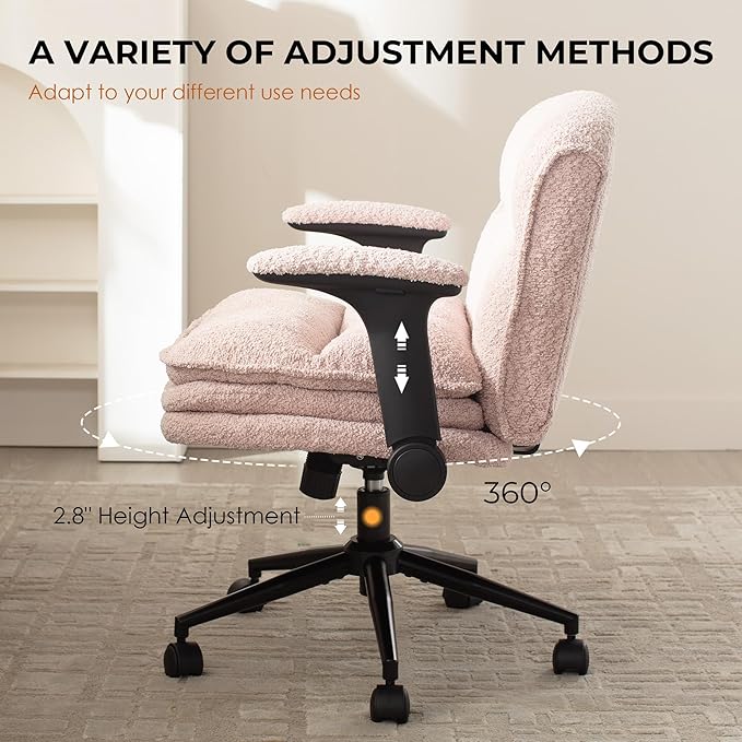 Dowinx Criss Cross Chair with Adjustable Flip-up Arms and Wheels, Comfort Ergonomic Office Desk Armchair with 3 Layer Cushions, Wide Seat Vanity Chair for Home Office, Living Room, Bedroom, Pink