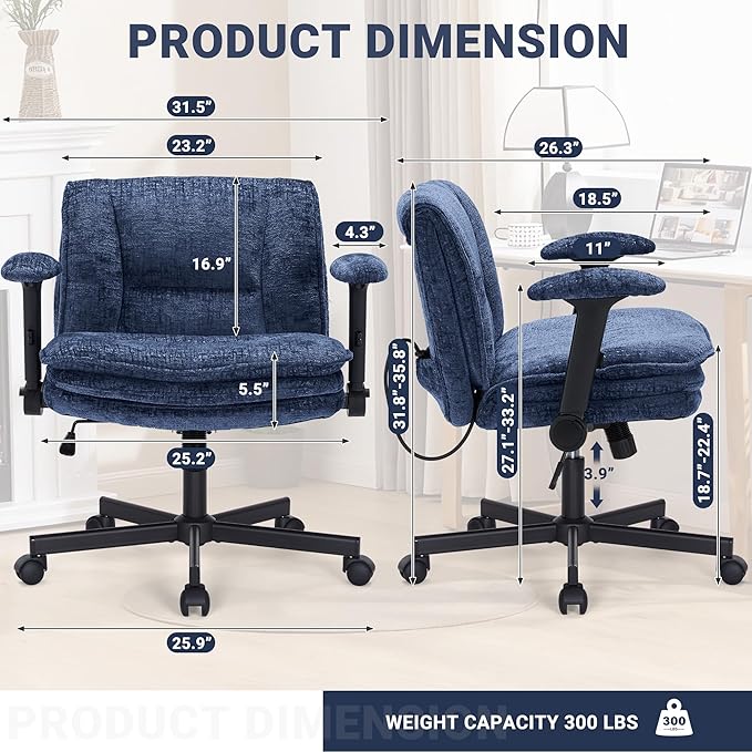 Criss Cross Chair with Wheels and Flip Arms, Upholstered Cross Legged Office Chair with 3 Layer Cushions&Dynamic Airbag Lumbar Support, Wide Seat Comfy Desk Chair for Home Office, Living Room, Navy