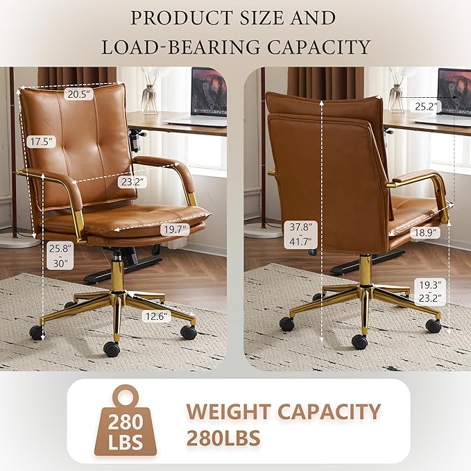 MOJAY Office Chair, Leather Desk Chair, Brown Desk Chair, Mid Century Modern Office Chair, Swivel Comfy Upholstered Wide Seat Chair with Gold Legs and Armrests for Home, Office (Camel&Golden)