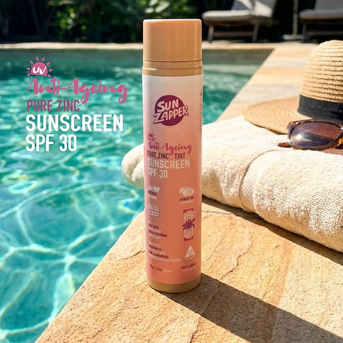 Sun Zapper Anti-Aging Pure Zinc Sunscreen SPF 30 Tinted – Organic Mineral Face Sunscreen, 25% Non-Nano Zinc Oxide, Reef Safe, Vegan, Broad Spectrum PA++++, 100g (3.5 oz) Pump, Australian Made