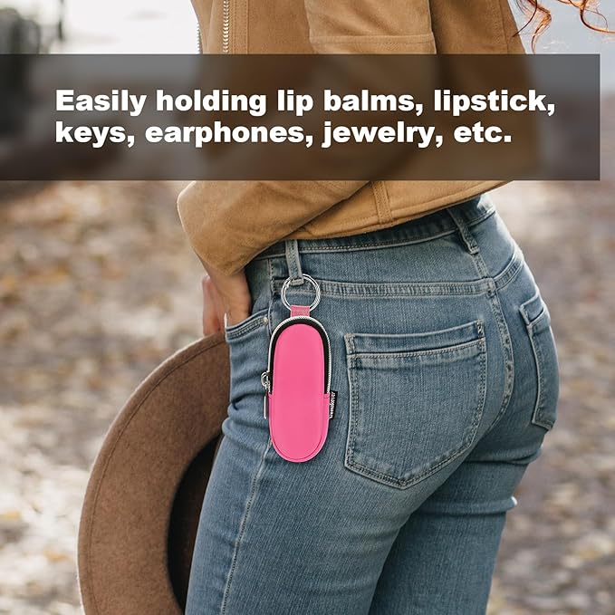 Homakover Portable Lip Balm Organizer Case with Keychain, Travel Chapstick Holder Storage Bag, Waterproof Small Cosmetic Organizer, Anti-Lost Lipstick Lip Gloss Sleeve Pouch Keeper Case (Pink, Large)