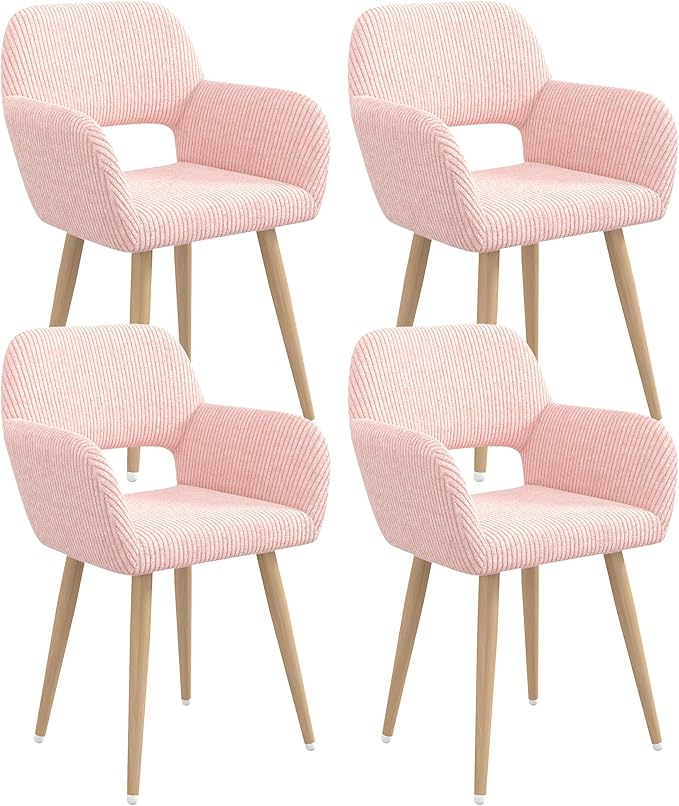Home Office Desk Chair Set of 4, Corduroy Fabric Vanity Chair for Makeup with Hollow Backrest, Comfy Armchair Wood Frame with Strudy Metal Legs, Pink