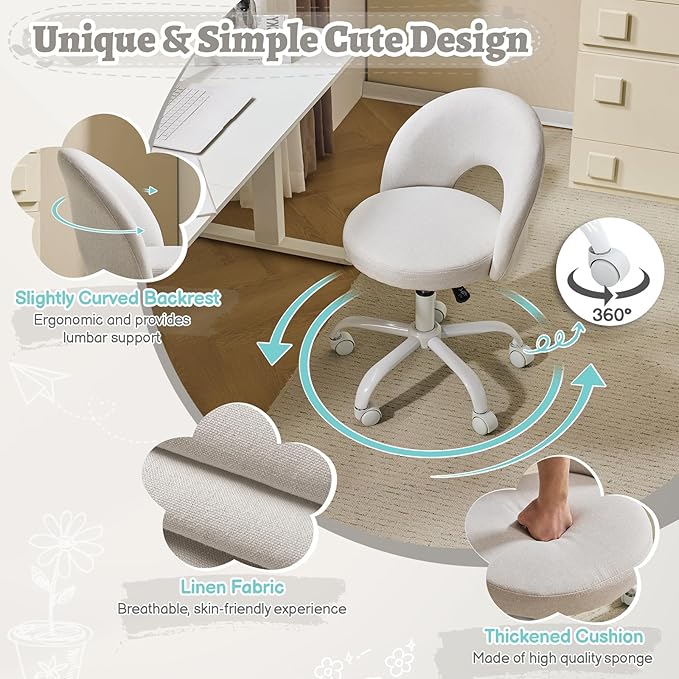 VINGLI Small Vanity Chair with Wheels for Girls.Cute Modern Adjustable Height Armless Office Desk Chair.360°Swivel Comfy Rolling Chair for Study, Make up Room,Small Space,Linen Light Gray