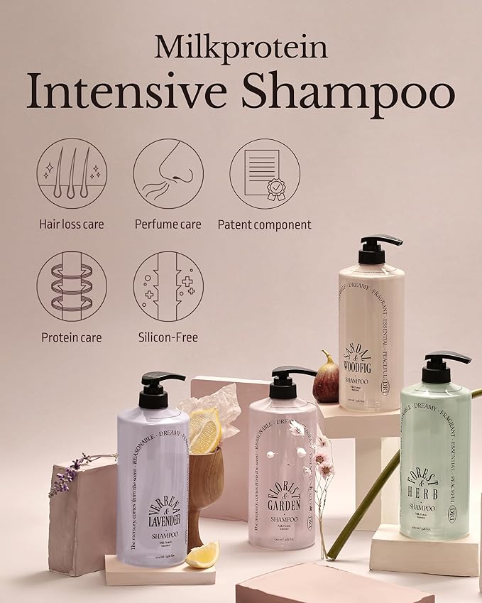 Milk Protein Intensive Shampoo - Korean Volumizing and Hair Loss Relief Perfume Shampoo for Damaged Hair - Natural Green Herb Scent - pH5.5 Scalp Purifying, 16.9 fl.oz.