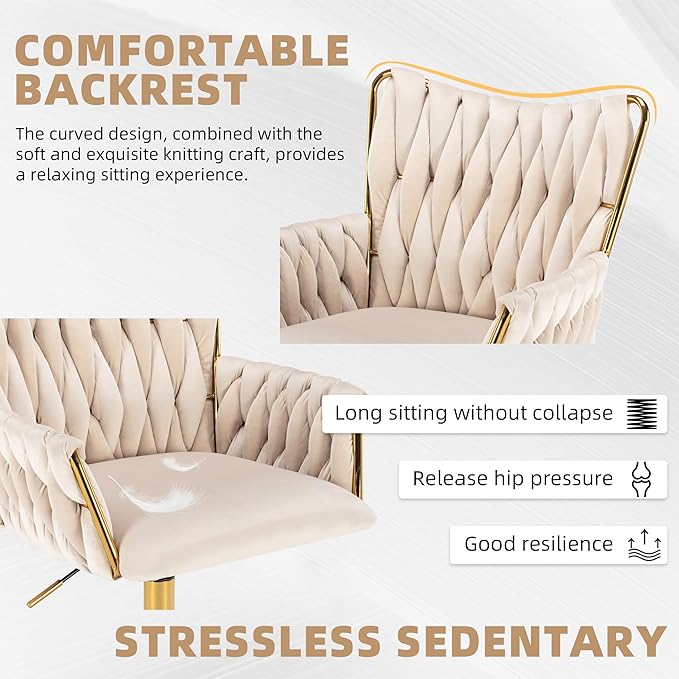 Westice Velvet Desk Chair, Home Office Gold Comfy Chair with Hand Woven Back, Height Adjustable Swivel Chair with Comfy Upholster for Makeup Vanity Living Room Bedroom, Beige