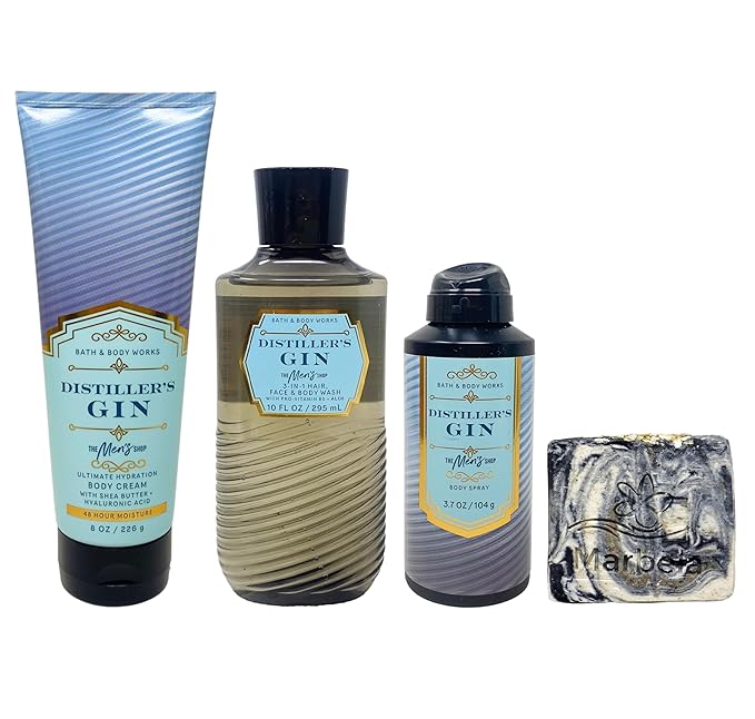 Bath & Body Works Distiller's Gin Trio Gift Set - Body Cream , Body Wash and Body Spray - with a Charcoal Scrub Bar Soap - Full Size