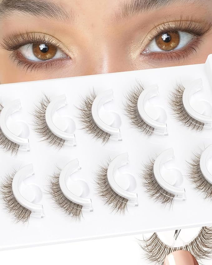 Obeyalash Waterproof Brown Self Adhesive Eyelashes,Cateye 12mm,5 Pairs Stick on False Eyelashes,Pre Glued Lashes, No Glue Needed,Wispy Glueless Lashes Reusable Self Adhesive False Eyelashes(Brown 871)