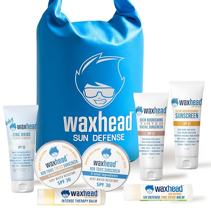 Waxhead Travel Size Sunscreen Sampler Box - Non-Nano Zinc Oxide Coral Reef Safe, Eco Biodegradable Sunblock SPF 30. Lip Balms, Solid Mini Paste Tins (.5oz) Tinted, Baby + Everyday (1oz) in Dry Bag