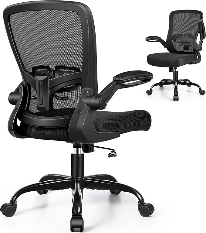 Office Chair with 90° Flip-Up Armrests, Silent 360° Swivel Casters, Adjustable Height & Tilt for Small Home Offices and Conference Rooms