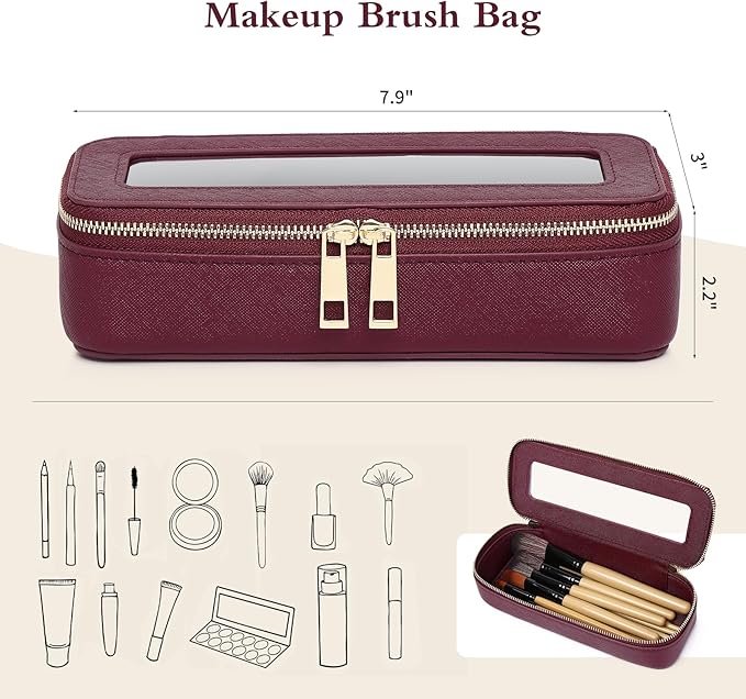 Pinkmik Makeup Brush Bag Slim Clear Makeup Bag Transparent Travel Cosmetic Case & Toiletry Bag with Zipper Small Beatuy Makeup Bag Purse Organizer for Women (X/Burgundy, SLIM)