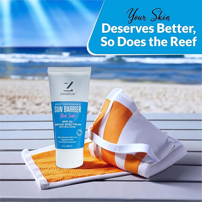 Zealios Sport Performance Mineral Reef Safe SPF 30 Sunscreen, 3 oz Tube, Water & Sweat Resistant (80 min) Non-Greasy, 20% Non-Nano Zinc Oxide, for Running, Cycling, Swimming