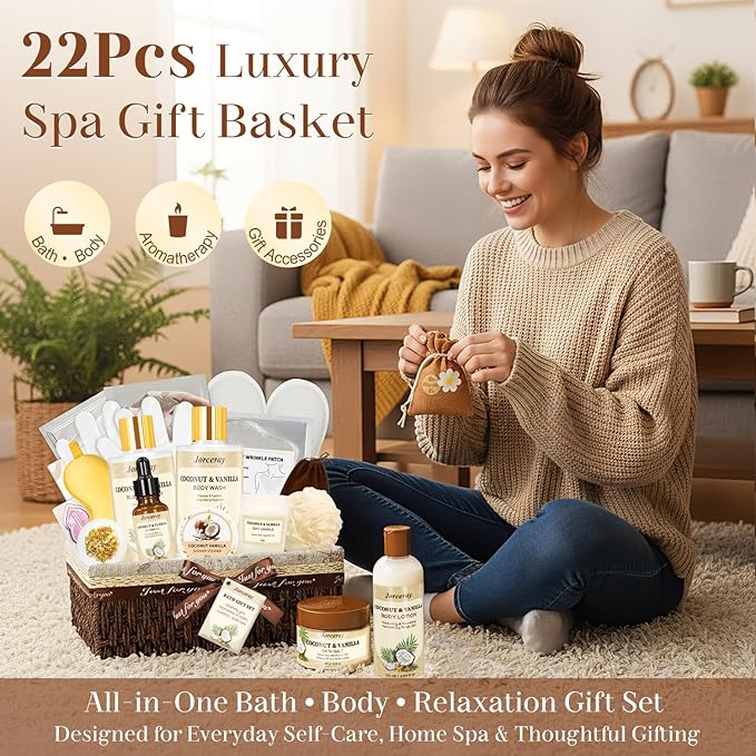 22PCS Spa Gift Baskets for Women, Luxury Bath and Body Gift Basket Set for Women Coconut Vanilla Spa Kit Relaxing Spa Self Care Gift for Her Wife Lover Mom Sister Friend