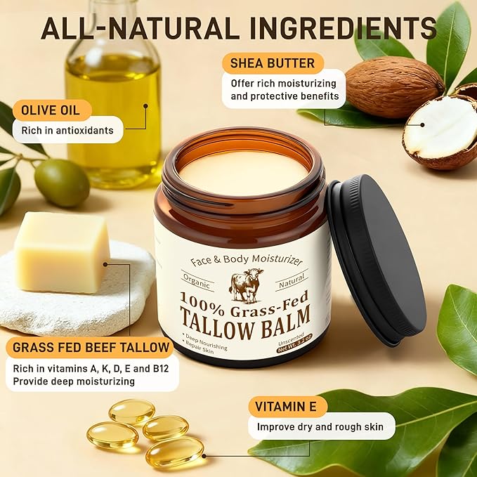 Veakoo Beef Tallow for Skin & Face, Organic Grass Fed Beef Tallow Balm, Unscented Natural Tallow Face Moisturizer, Body Butter, Moisturizing Cream for Women Men, Nourish Soothe Dry Skin