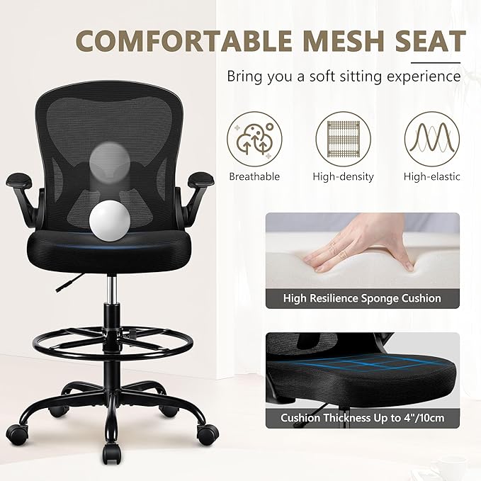 Winrise Drafting Chair, Tall Office Chair Ergonomic Standing Desk Chair, Lumbar Support Computer Chair Swivel Task Rolling Chair with Adjustable Flip-up Armrests Black Pack of 8