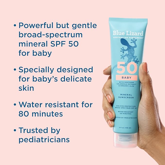 Blue Lizard BABY Mineral Sunscreen with Zinc Oxide,SPF 50+,Water Resistant,UVA/UVB Protection with Smart Cap Technology - Fragrance Free,5 oz. Tube,(Pack of 2)