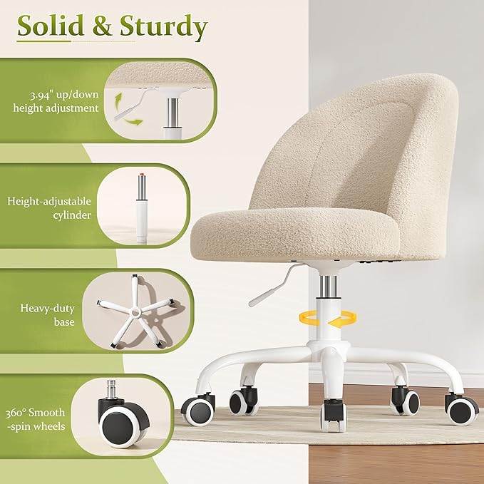 Vanity Chair with Back, Cute Desk Chair with Wheels, Armless Office Chair Height Adjustable, Soft Lumbar Support for Small Space, Bedroom, Light Yellow