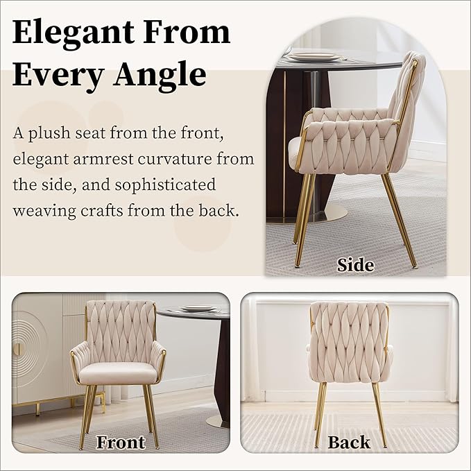 Westice Home Office Desk Chair 1PC, Upholstered Hand Weaving Desk Chairs with Golden Metal Legs & Armrest, Modern Accent Chairs for Dining Room, Living Room, Kitchen, Vanity, Beige