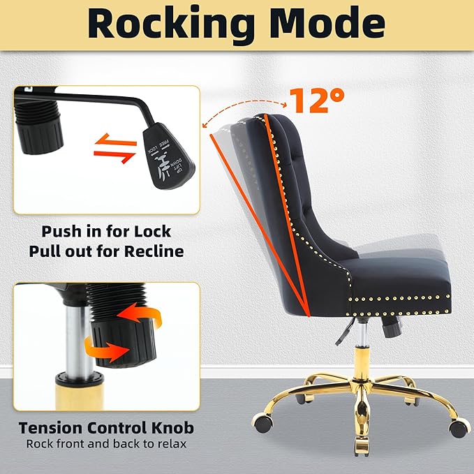 Velvet Desk Chair with Wheels, Gold Office Chair Armless Swivel Chair with Tufted High Back Rivet Trim, Comfy Upholstered Ergonomic Computer Chair for Bedroom, Black