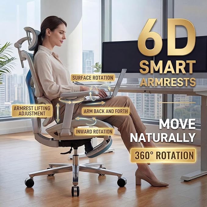 Ergonomic Office Chair with Footrest & Massage Lumbar Support – Adjustable Seat Depth & Back Height Reclining Big and Tall 400LBS Mesh Chair, 4D Headrest & 6D Armrests, for Home Office(Gray Rainbow)