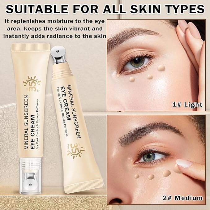 Mineral Sunscreen Under Eye Cream for Dark Circles, Puffiness and Bags - Anti Aging, Corrector SPF 35, 3-in-1