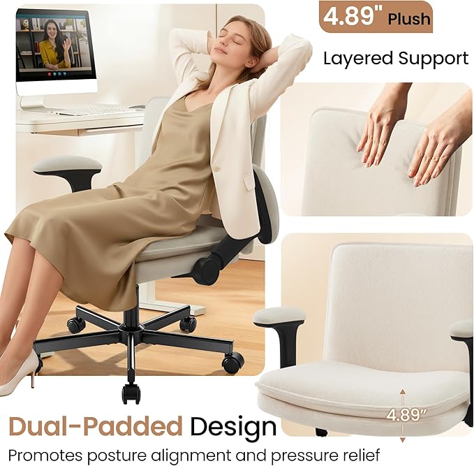 Criss Cross Office Chair with Wheels - Wide Seat Criss Cross Desk Chair with Flip-up Arms and Thick Cushion - Comfy Tilting Swivel Rolling Vanity Chair for Home Office Bedroom Apartment
