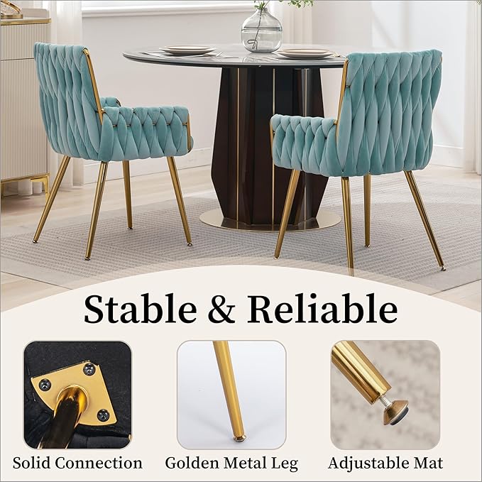 Westice Home Office Desk Chair, Upholstered Hand Weaving Desk Chairs with Golden Metal Legs & Armrest, Modern Accent Chairs for, Living Room, Vanity Makeup Room, Blue