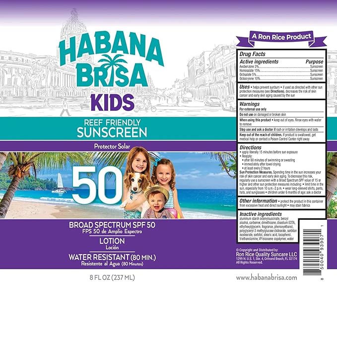 Habana Brisa Reef Friendly Kids Sunscreen Lotion SPF 50, UVA/UVB Protection, HAWAII ACT 104 COMPLIANT, NON GMO & Vegan, No Oxybenzone & No Octinoxate, Water Resistant, Small-Batch Production, 8 FL OZ