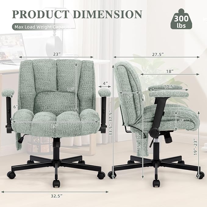Criss Cross Legged Office Chair with Flip-Up Arms and Wheels, Wide Seat Desk Chair with Built-In Dynamic Airbag Lumbar Support, Modern Cross-Leg Chair for Home Office, Apartment, Vanity, Light Green