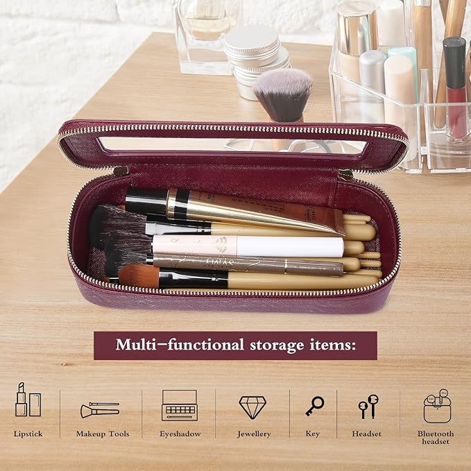 Pinkmik Makeup Brush Bag Slim Clear Makeup Bag Transparent Travel Cosmetic Case & Toiletry Bag with Zipper Small Beatuy Makeup Bag Purse Organizer for Women (X/Burgundy, SLIM)