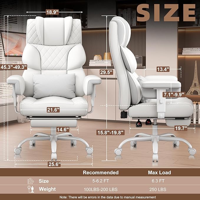 Vonesse Big and Tall Office Chair, Desk Chair with Soft Adjustable Armrests, Ergonomic High Back Gaming Chair with Lumbar Support, Executive Computer Chairs with Footrest (PU Leather, Ivory White)