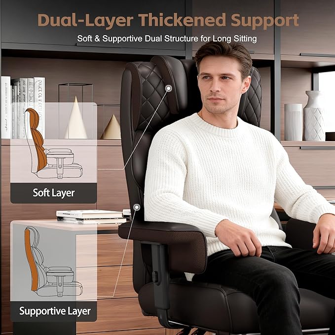 Vonesse Big and Tall Office Chair, Desk Chair with Soft Adjustable Armrests, Ergonomic High Back Gaming Chair with Lumbar Support, Executive Computer Chairs with Footrest (PU Leather, Brown)