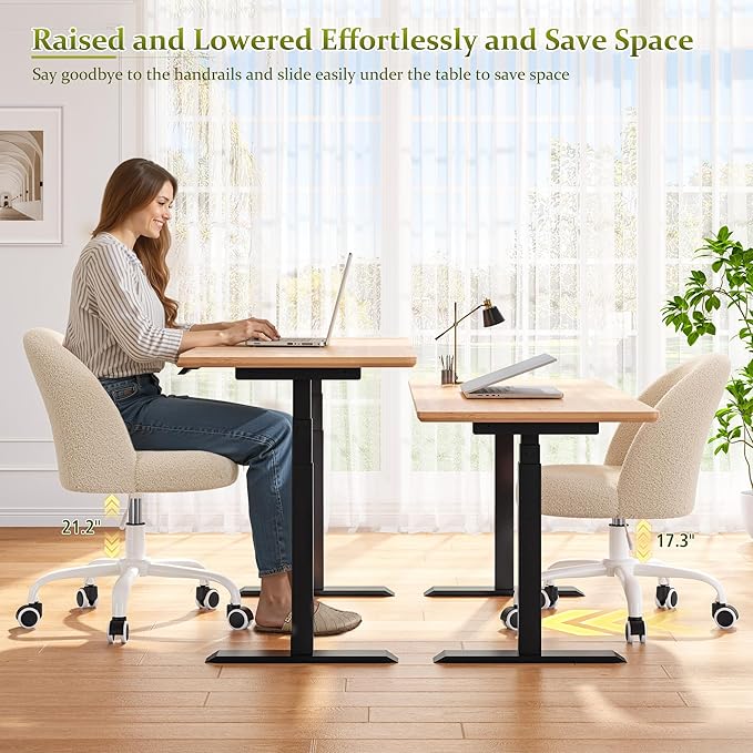 Vanity Chair with Back, Cute Desk Chair with Wheels, Armless Office Chair Height Adjustable, Soft Lumbar Support for Small Space, Bedroom, Light Yellow