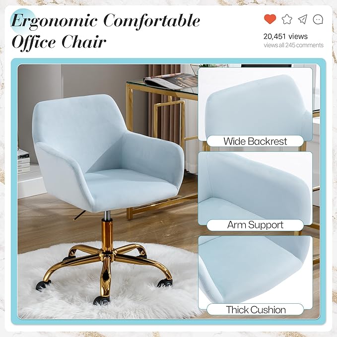 Faux Fur 360°Swivel Desk Chair, Modern Height Adjustable Home Office Armchair with Golden Base for Teens Women Girls, Upholstery Computer Chair, Velvet & Light Blue