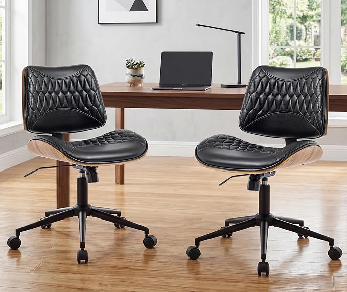 Walnut Bentwood Mid Back Armless Office Chair 2 Pack, Adjustable Height PU Leather Swivel Desk Chair with Wheels, Rolling Computer Task Chair for Home Office, Study, Meeting Room