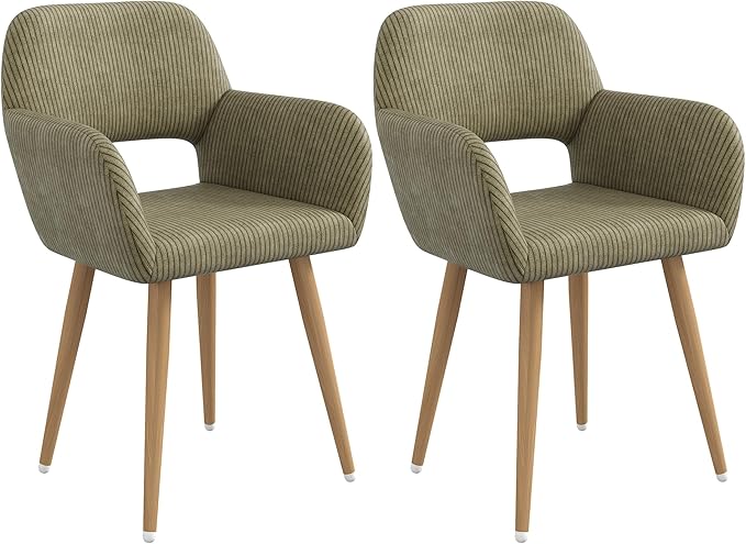 Home Office Desk Chair Set of 2, Corduroy Fabric Vanity Chair for Makeup with Hollow Backrest, Comfy Armchair Wood Frame with Strudy Metal Legs, Dark Green