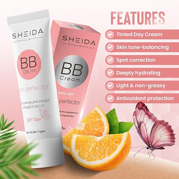 Sheida BB Cream with SPF 30+, Hydrating Daily Tinted Day Cream, Natural Finish, Buildable Light Coverage, 24h Moisture, Vitamin C & E for Even Skin Tone and Radiant Look – 50 ml (Extra Light)