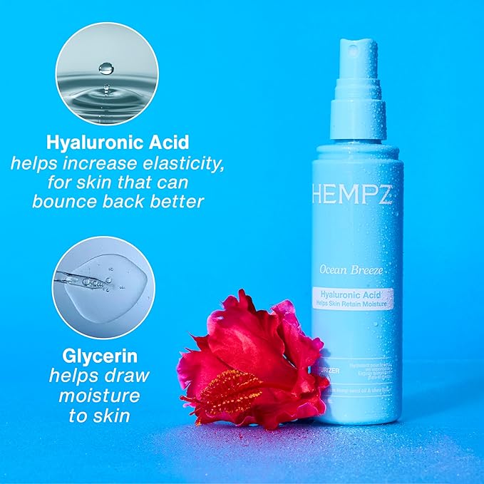 Hempz Ocean Breeze Body Moisturizer Spray, Hydrating Lightweight Mist with Hyaluronic Acid, Travel Friendly, 3.4 fl.oz.
