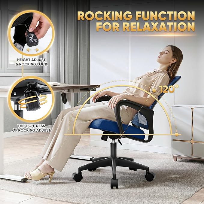 Magshion Ergonomic Office Desk Chair, Mid-Back Mesh Computer Chair, Swivel Chair with Breathable Backrest & Lumbar Support, Adjustable Height for Gaming, Work, Study, 300 Lbs Capacity, Navy Blue