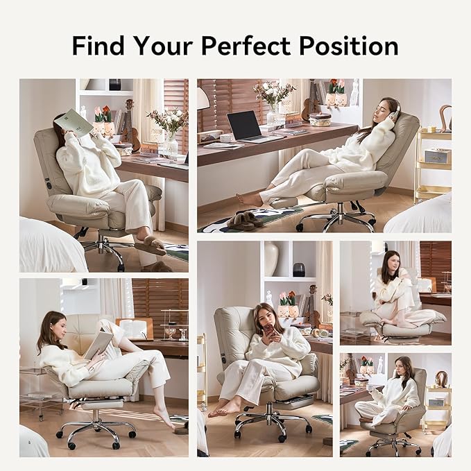 EMIAH Heated and Massage Office Chair with Foot Rest Criss Cross Chair with Wheels and Flip-up Arms Reclining Desk Chair Comfy Wide Seat PU Leather Rolling Computer Home Office Chair (Beige)