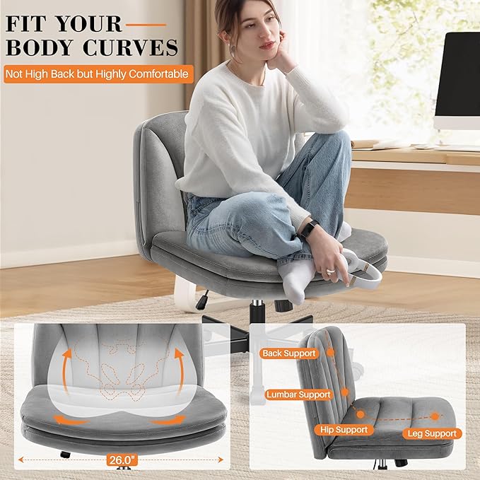 FelixKing Criss Cross Chair with Wheels, Cross Legged Office Chair, Armless Wide Vanity Desk Chair with 2 Layer Comfty Velvet & Back - Swivel for Home Office Bedroom, Velvet Gray